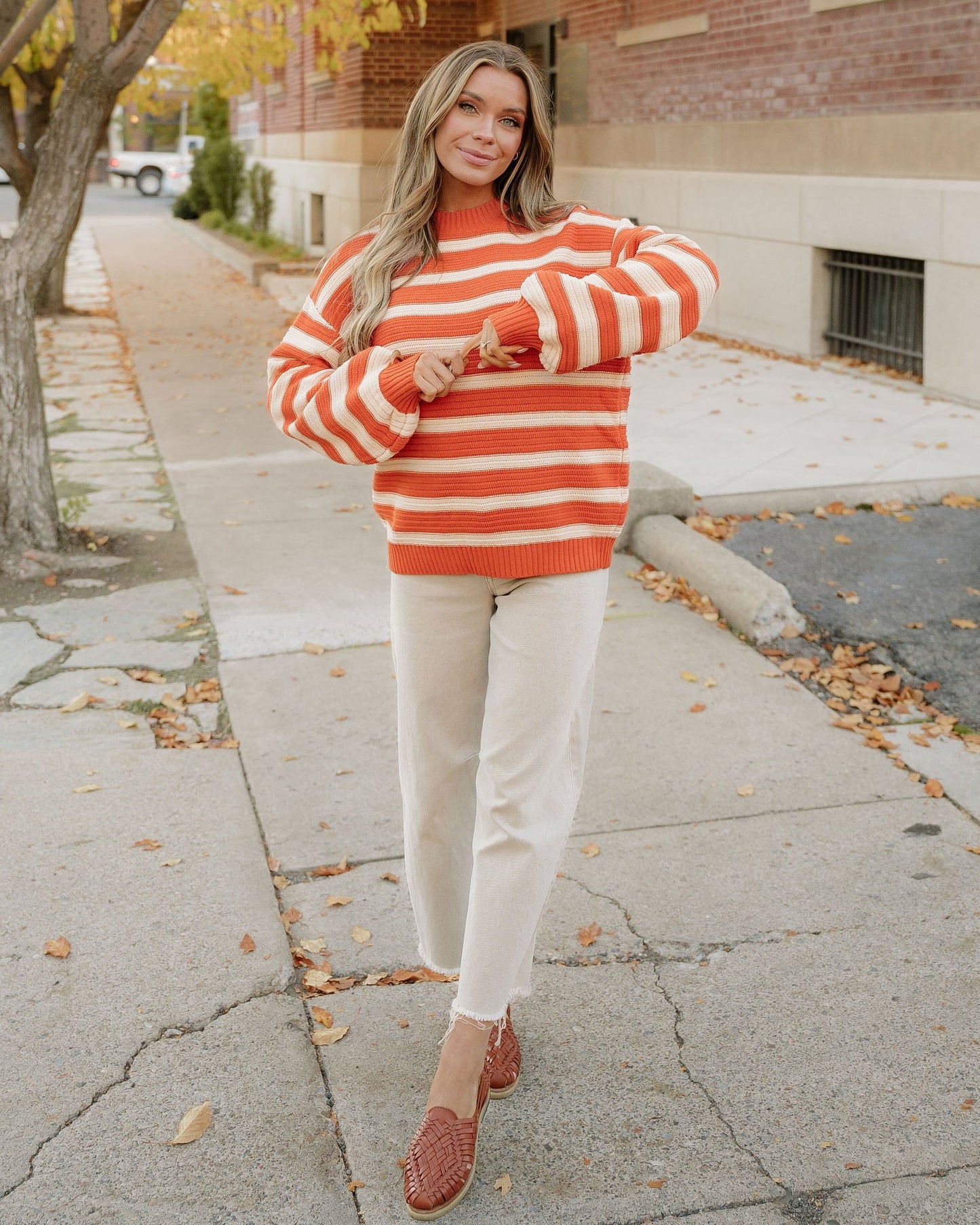 Avery Striped Ribbed Trim Drop Shoulder Sweater
