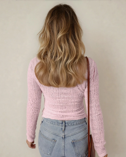 Juliette Semi Sheer Lace Long Sleeve Cropped Top - Light Pink