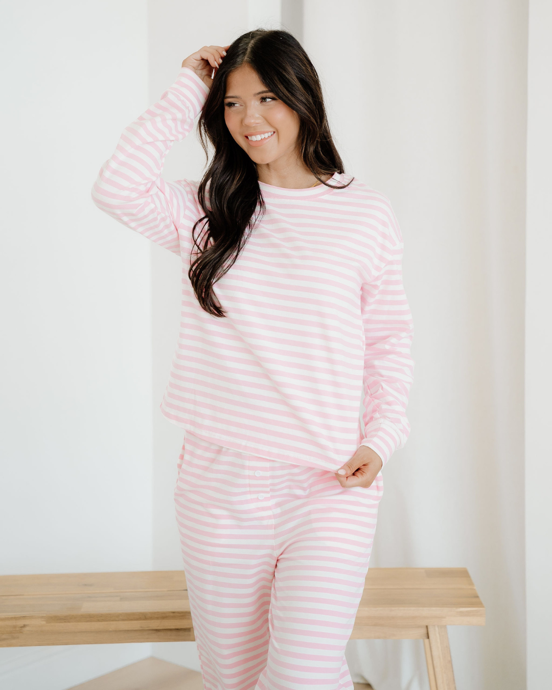Thea Stripe Drop Shoulder Round Neck Top and Buttoned Straight Pants Two Piece Set