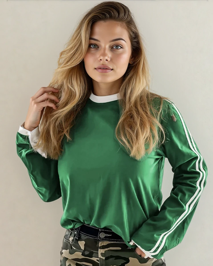 Malani Varsity Striped Crew Neck Long Sleeve Top - Green