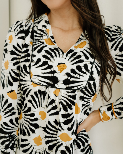 Lucille Abstract Floral Print Split V Neck Long Dress with Sleeves
