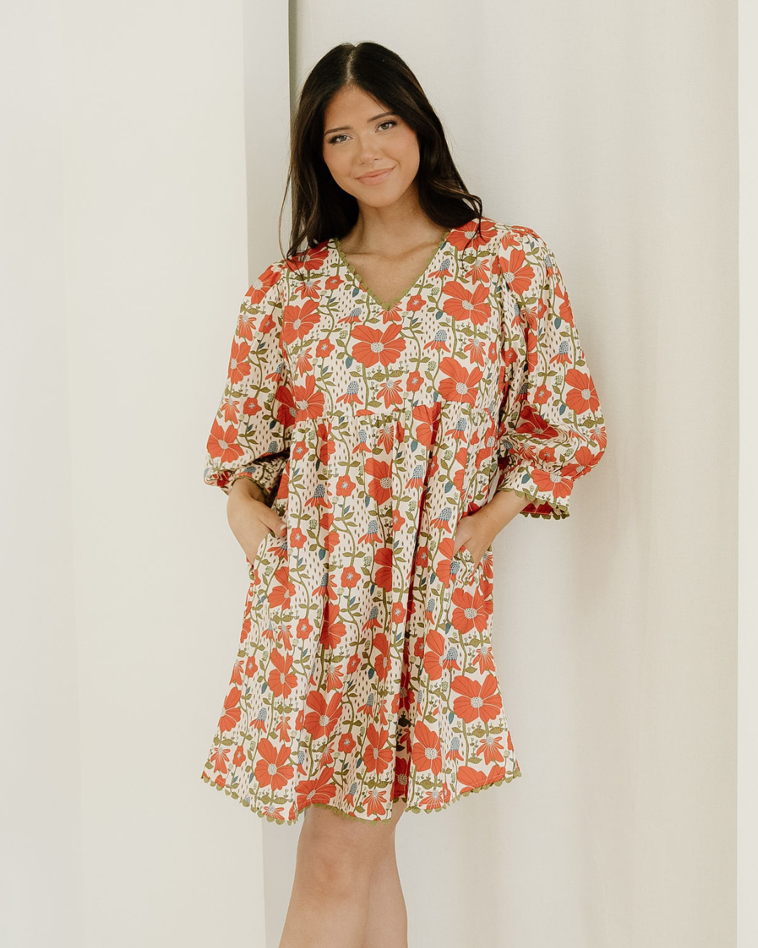 Gabriela Ricrac Trim V Neck 3/4 Sleeve Loose Mini Dress