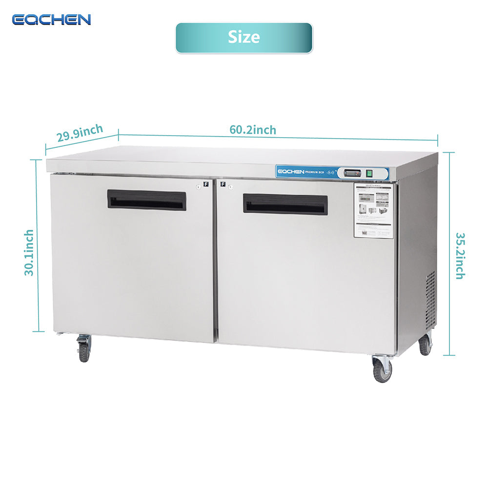 Commercial Undercounter Freezer, EQCHEN 60" Double Door Stainless Steel Lowboy Worktop Freezer 14.8 Cu.ft