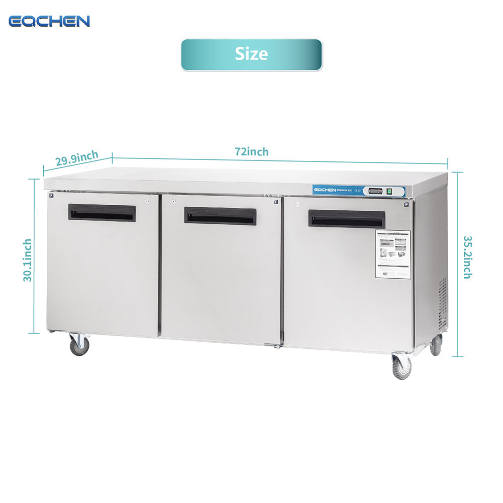 Commercial Undercounter Freezer, EQCHEN 72" Three Door Stainless Steel Lowboy Worktop Freezer 17.7 Cu.ft