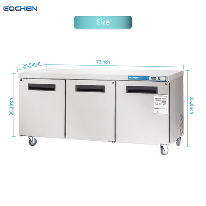 Commercial Undercounter Freezer, EQCHEN 72" Three Door Stainless Steel Lowboy Worktop Freezer 17.7 Cu.ft