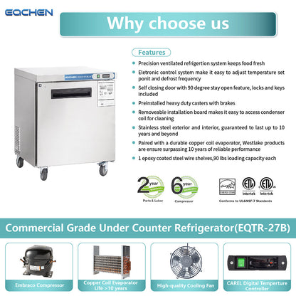 Commercial Undercounter Refrigerator, EQCHEN 28" Single Door Stainless Steel Lowboy Cooler Worktop Fridge 6.3 Cu.ft