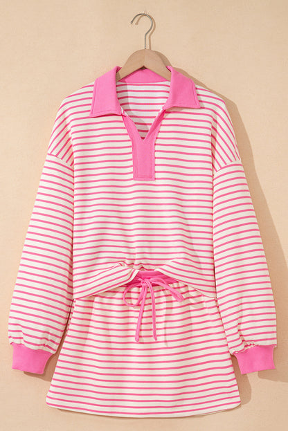 Stripe Collared V-Neck Pullover and Skort Set