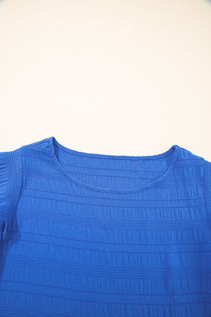 Solid Textured Ruffled Sleeve Round Neck Top