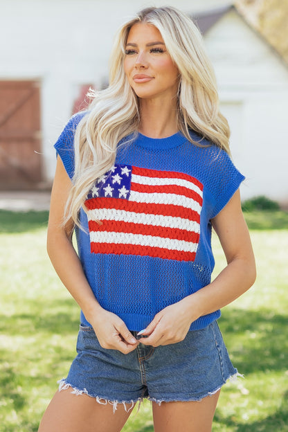 USA Flag Crochet Short Sleeve Sweater Top