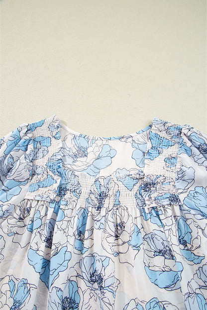 Floral Frilly Smocked Square Neck Long Sleeve Blouse