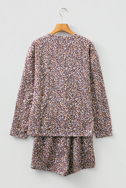 Leopard Ribbed Long Sleeve Top and Shorts Set