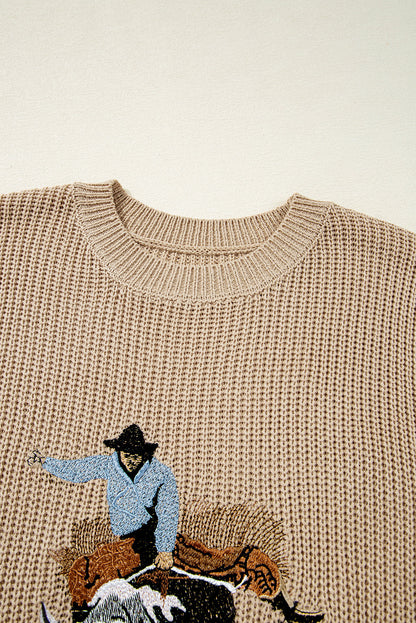 Western Cowboy Embroidered Round Neck Sleeveless Sweater