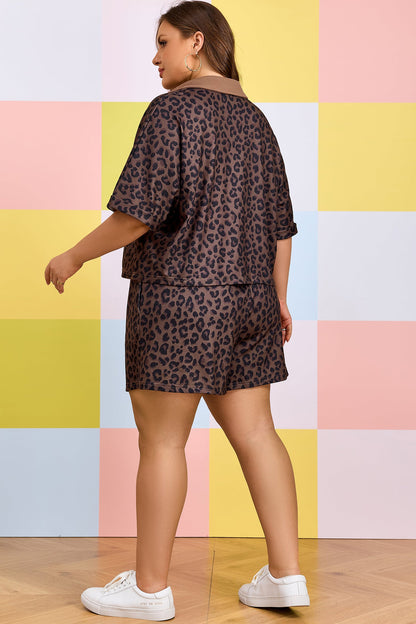 Plus Size Leopard Collared Top & Drawstring Shorts Set