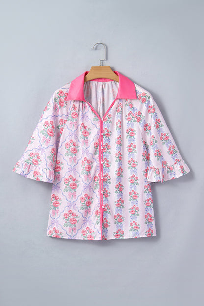 Floral Collared V-Neck Ruffle 3/4 Sleeve Shirt