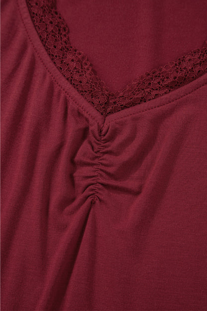Lace Trim Ruched V-Neck Long Sleeve Top