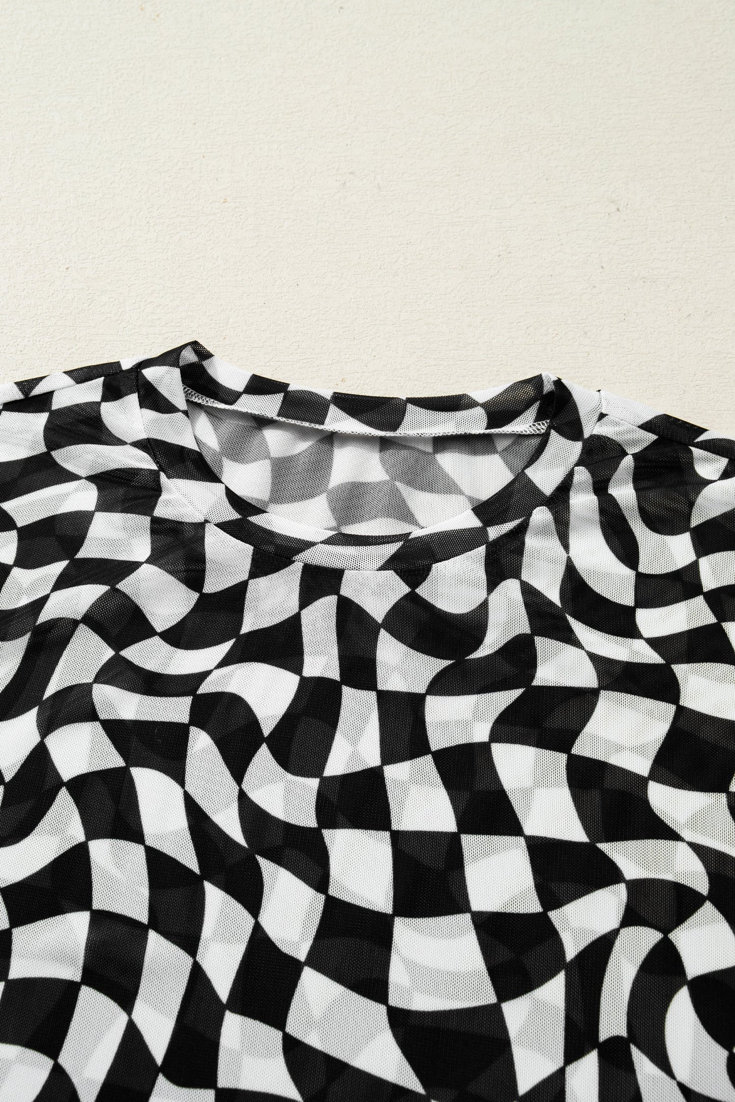 Sheer Checkered Mock Neck Mesh Short Sleeve