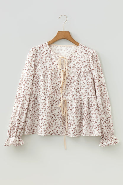 Floral Bow Tie Front Flounce Long Sleeve Blouse
