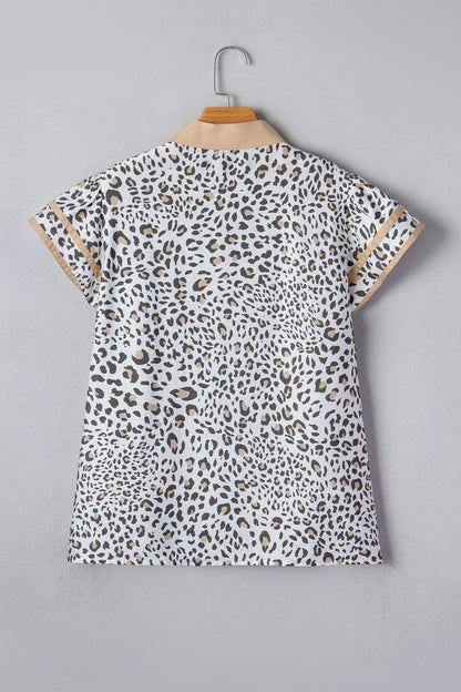 Leopard Colorblock Patchwork V-Neck Cap Sleeve Blouse