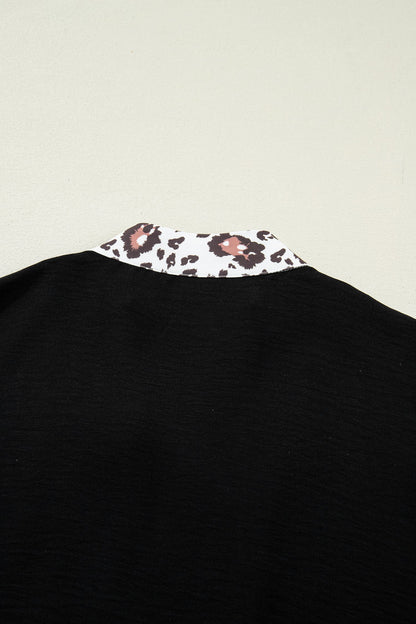 Leopard Patchwork Dolman Sleeve V-Neck Blouse