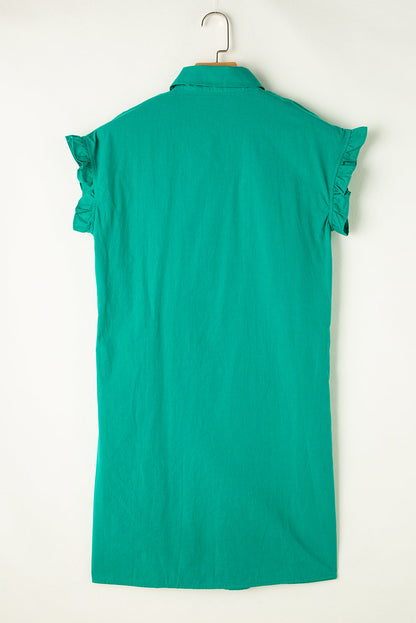 Solid Shirred Ruffle Sleeve Buttoned Mini Dress