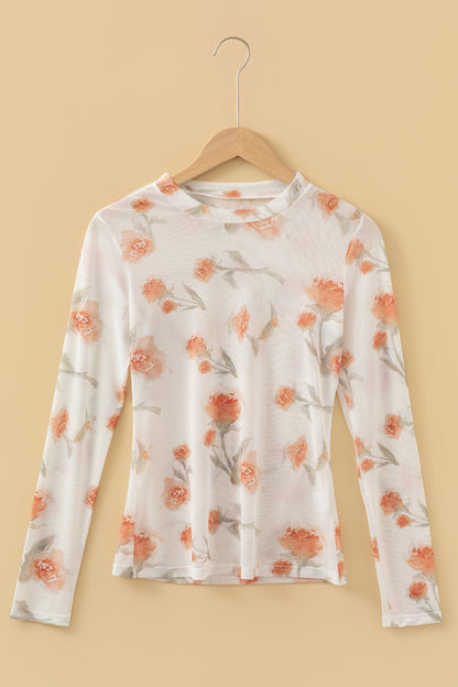 Floral Mesh Round Neck Long Sleeve Top