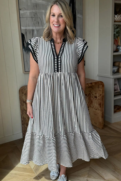 Stripe Ruffle Short Sleeve V-Neck Midi Dress