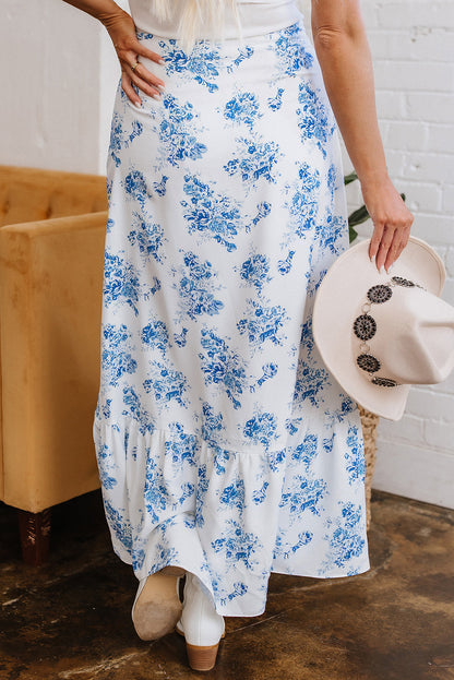 Floral Boho High Waist Ruffle Split Maxi Skirt