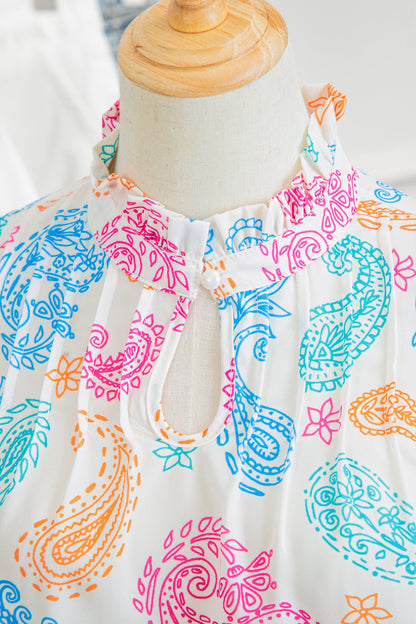 Paisley Button Keyhole Puff Sleeve Blouse