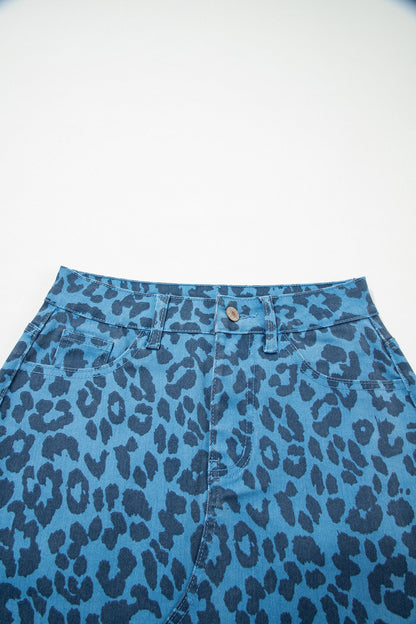 Leopard Denim Frayed Hem Midi Skirt
