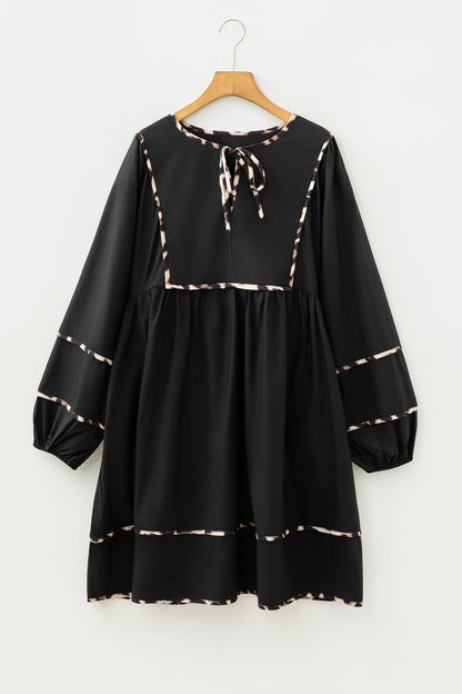Plus Size Leopard Contrast Trim Tie-Neck Mini Dress