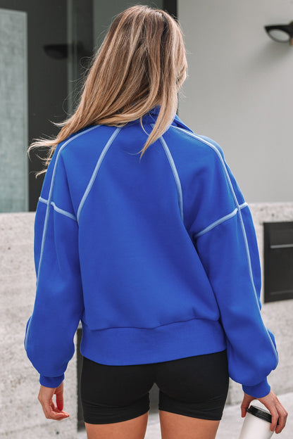 Collared Snap Button Exposed Seam Sweatshirt