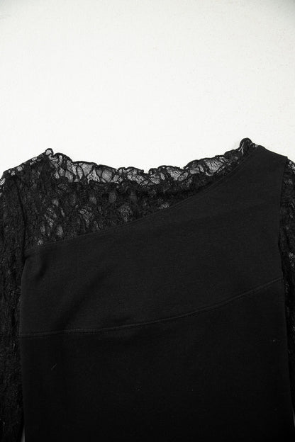 Sheer Lace Asymmetric Patchwork Long Sleeve Top