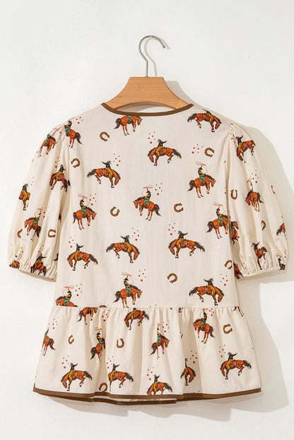 Western Cowboy Bow Tie Puff Sleeve Peplum Blouse