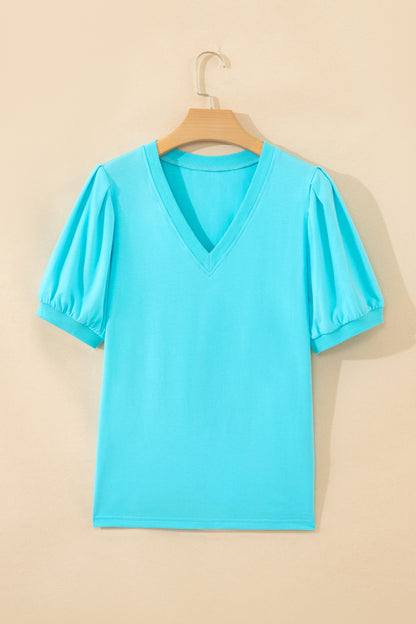 Solid V-Neck Short Puff Sleeve Blouse