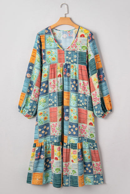 Floral Patchwork Long Sleeve Ruffle Hem Midi Dress