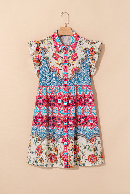 Floral Ruffle Flutter Sleeve Buttoned Mini Dress