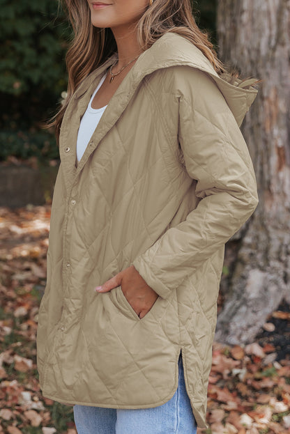 Solid Quilted Snap Button Hooded Puffer Coat