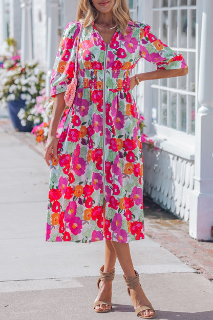 Floral Zip-Up V-Neck Short Puff Sleeve Dress