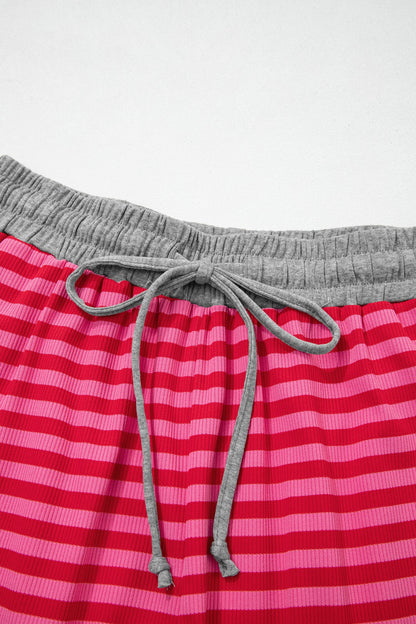 Stripe Contrast Elastic Waist Ribbed Shorts