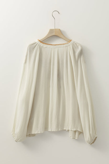 Floral Embroidered Textured Puff Sleeve Shirt