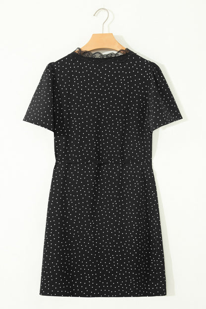 Polka Dot Lace Trim Wrap Mini Dress