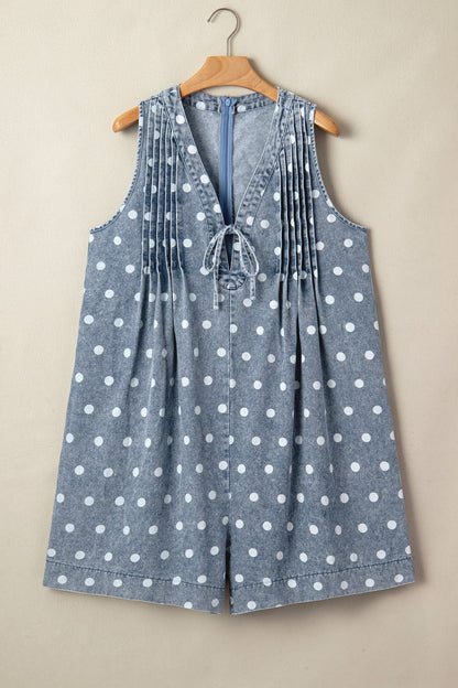 Polka Dot Denim Tie V-Neck Pleated Romper