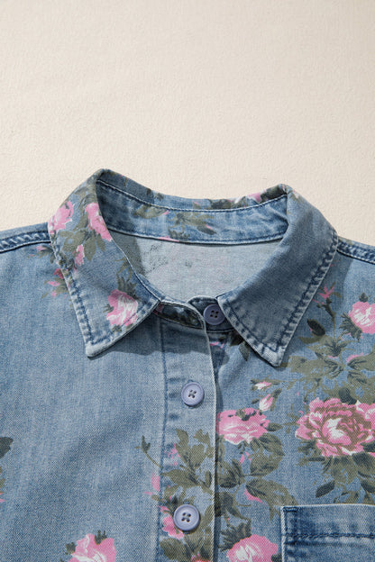 Floral Denim 3/4 Sleeve Buttoned Shirt