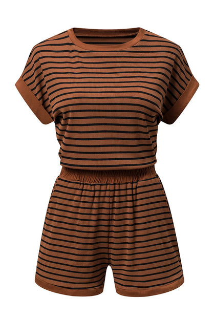 Stripe Ribbed Dolman Tee & Elastic Shorts Set