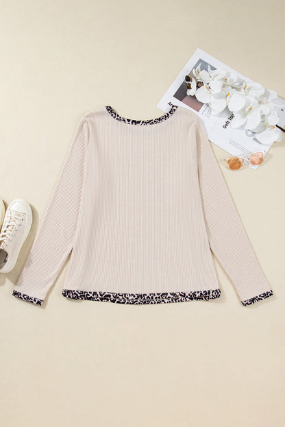 Plus Size Leopard Contrast Trim Ribbed Knit Top