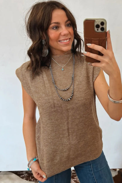 Solid Ribbed Knit Mock Neck Sleeveless Sweater