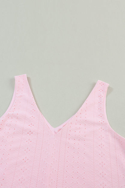 Solid Eyelet Knit V-Neck Loose Tank Top