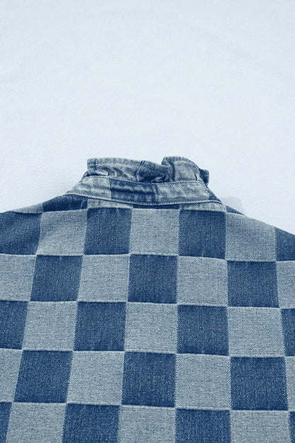 Checker Ruffle Trim Button Down Denim Vest