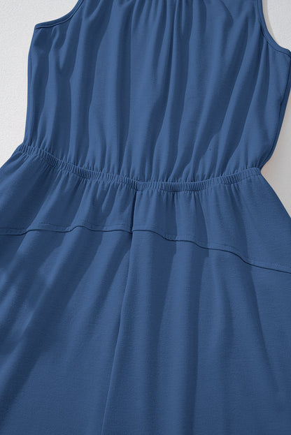 Solid Pleated Detail Sleeveless Elastic Waist Jumpsuit