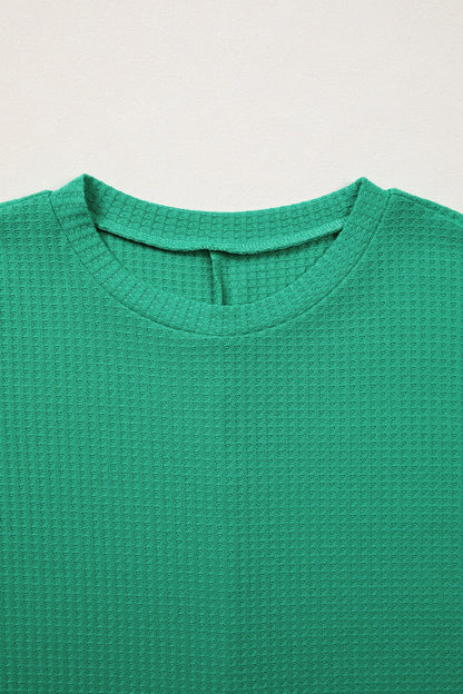 Solid Waffle Knit Dolman Short Sleeve Loose Top